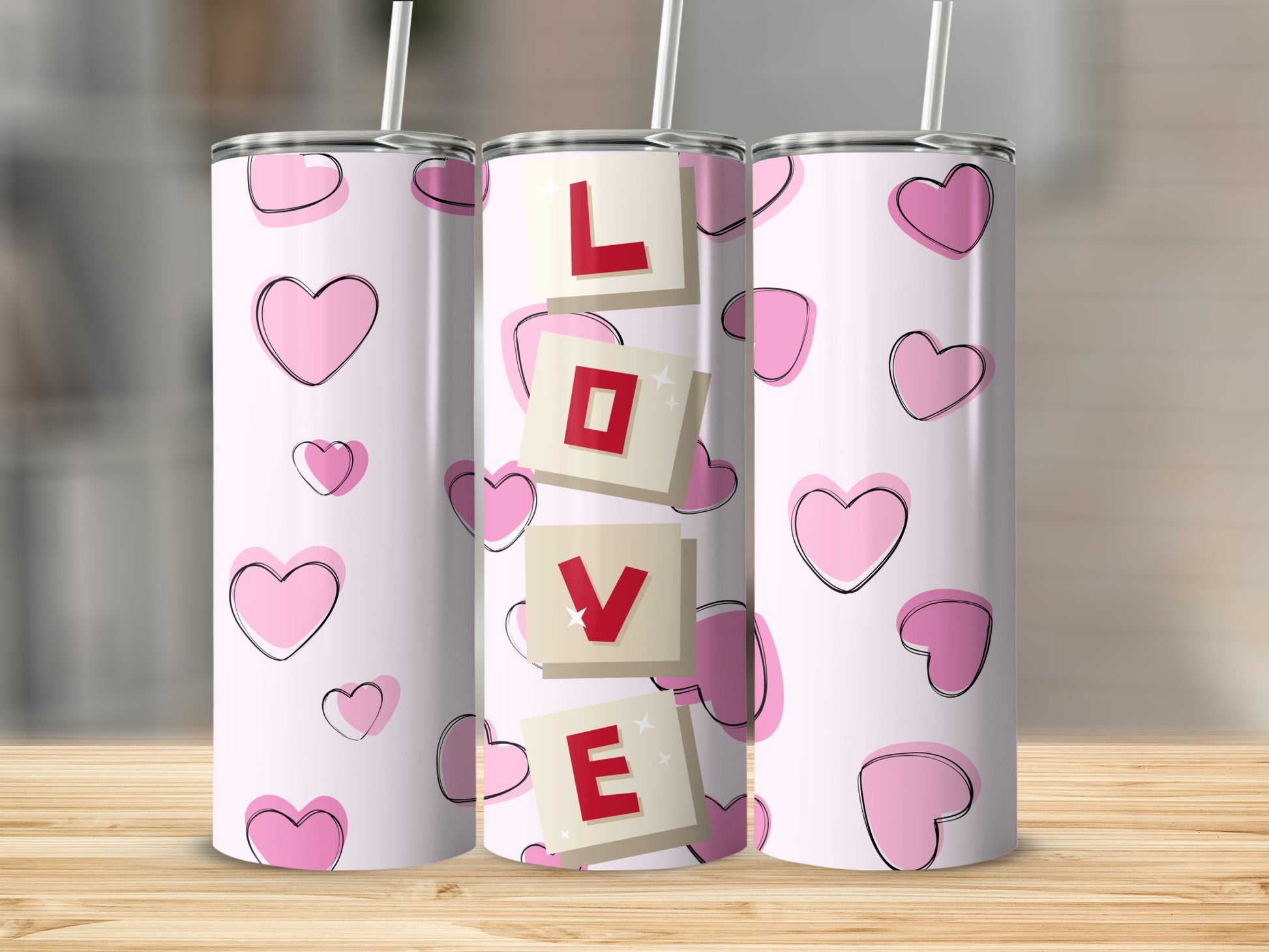 Pink Hearts and LOVE Design Insulated Tumbler Cup