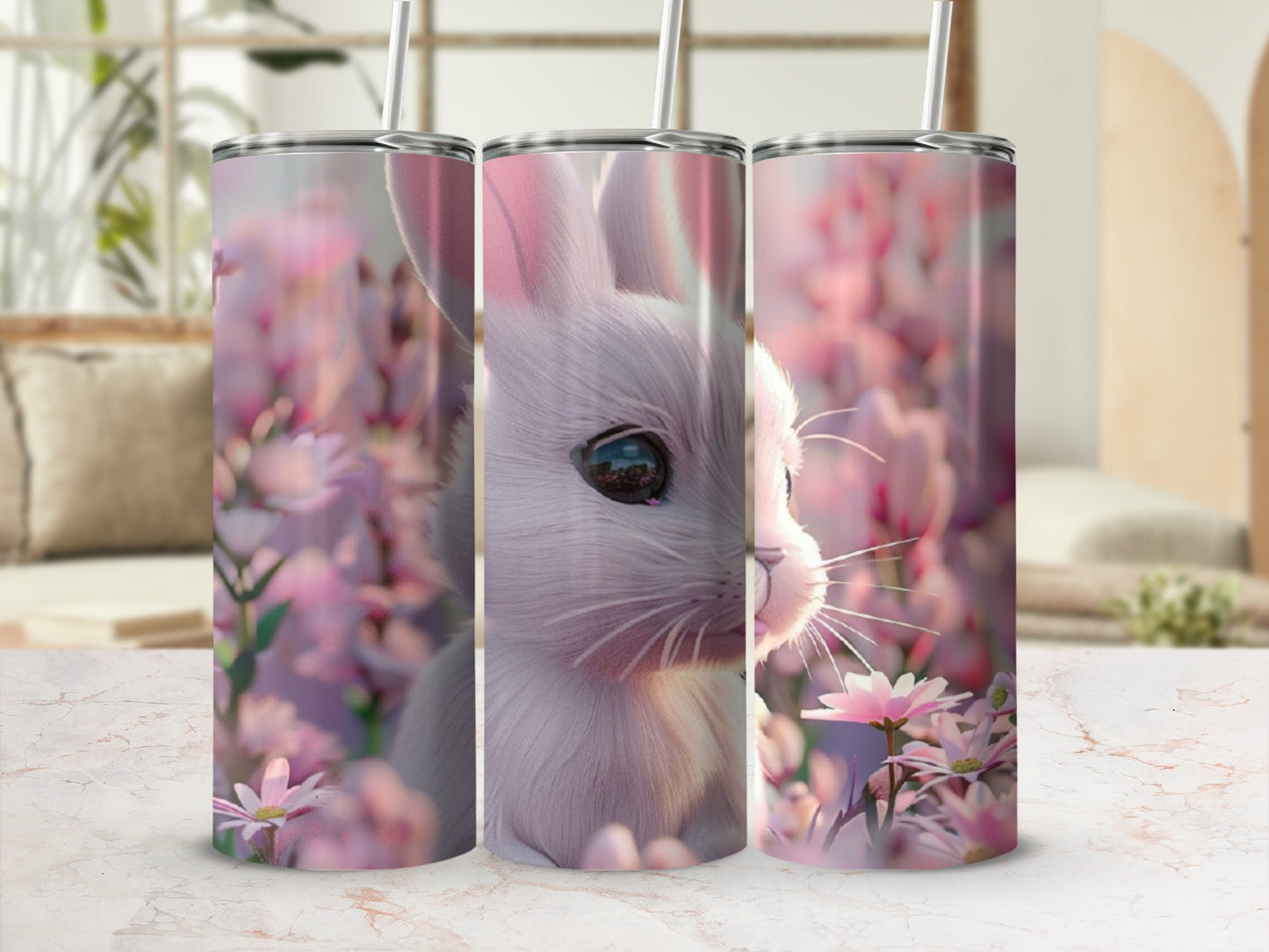 White bunny with pink flowers on a tall cylindrical tumbler.