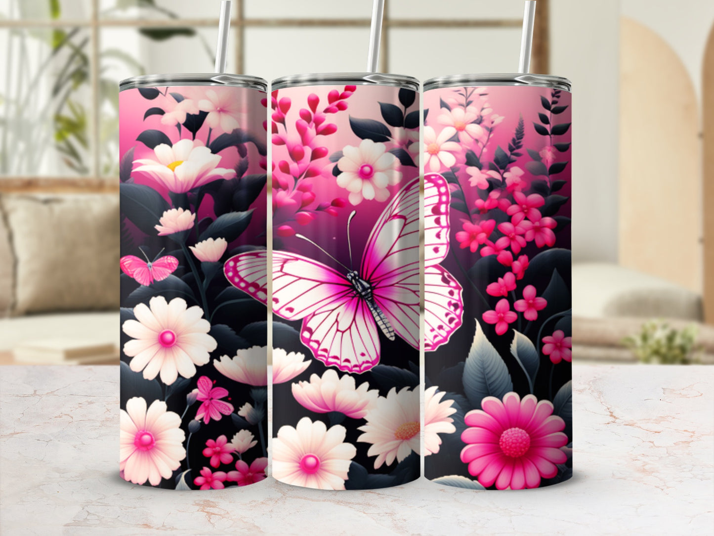 Pink and white floral design with butterfly on a tumbler.