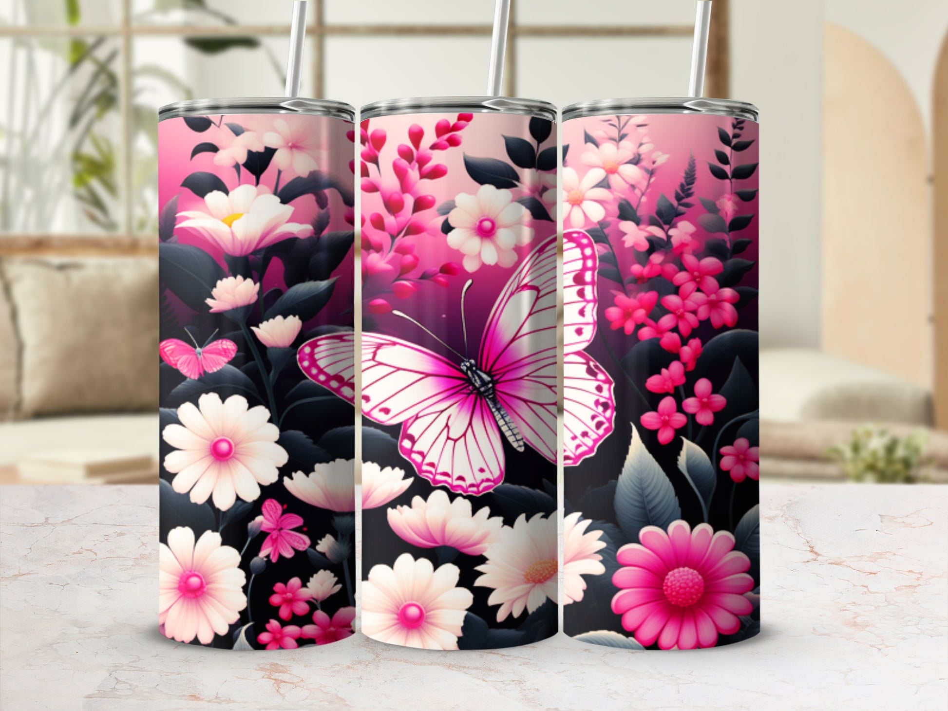 Pink and white floral design with butterfly on a tumbler.