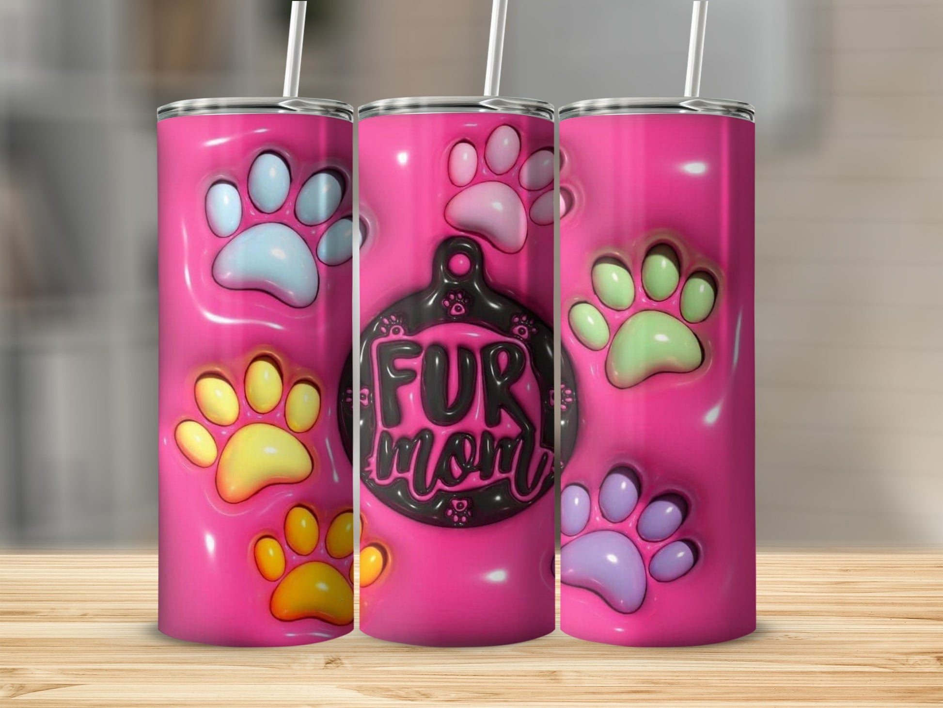 Fur Mom Tumbler with Colorful Paw Print Design