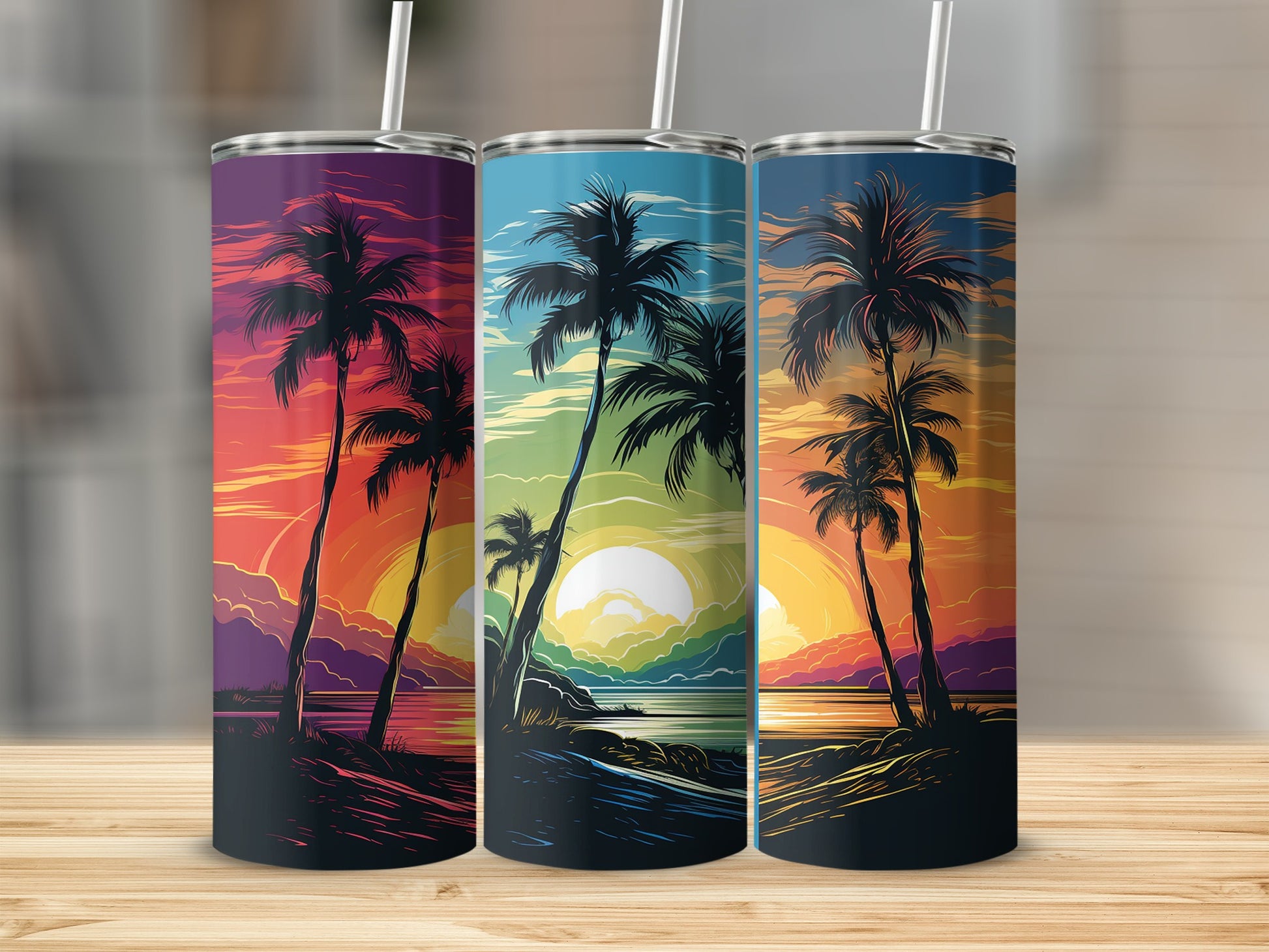 Three tumblers with sunset beach palm tree designs.