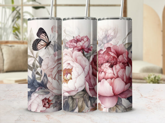 Three tumblers featuring large pink peonies and a butterfly.