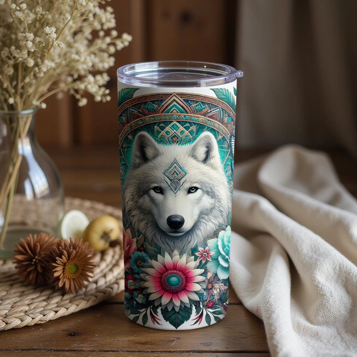 Majestic White Wolf with Floral Design Tumbler