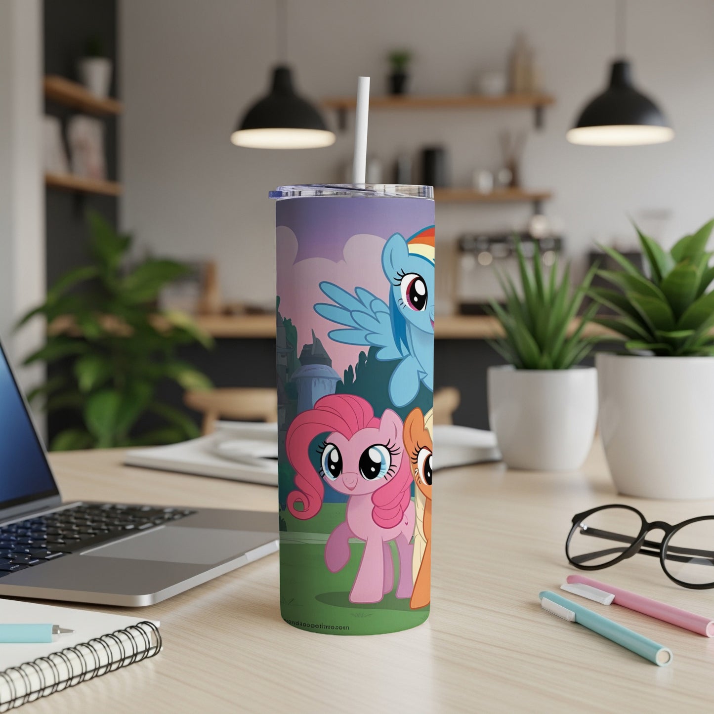My Little Pony characters Rainbow Dash and Pinkie Pie on a colorful tumbler.