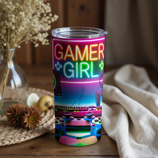 Gamer Girl Neon Sign with Console Tumbler