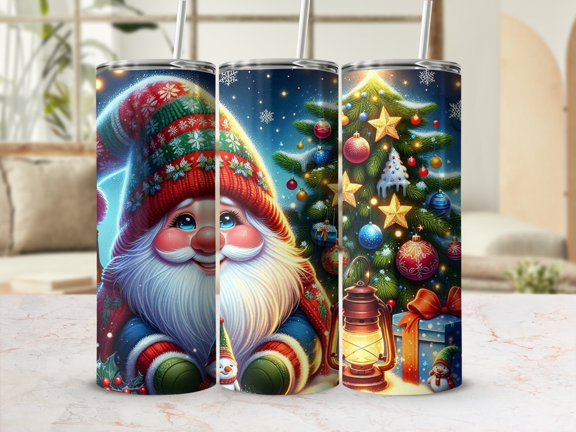 Three Christmas-themed tumblers: gnome, snow, and decorated tree.