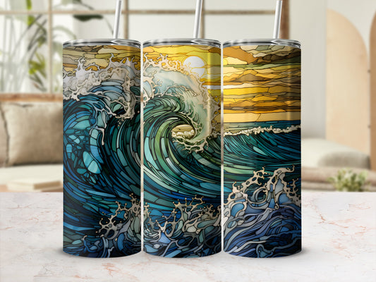 Ocean wave in stained glass design on a tumbler.