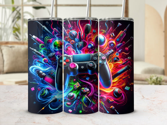 Black video game controller surrounded by colorful gaming icons and abstract shapes.