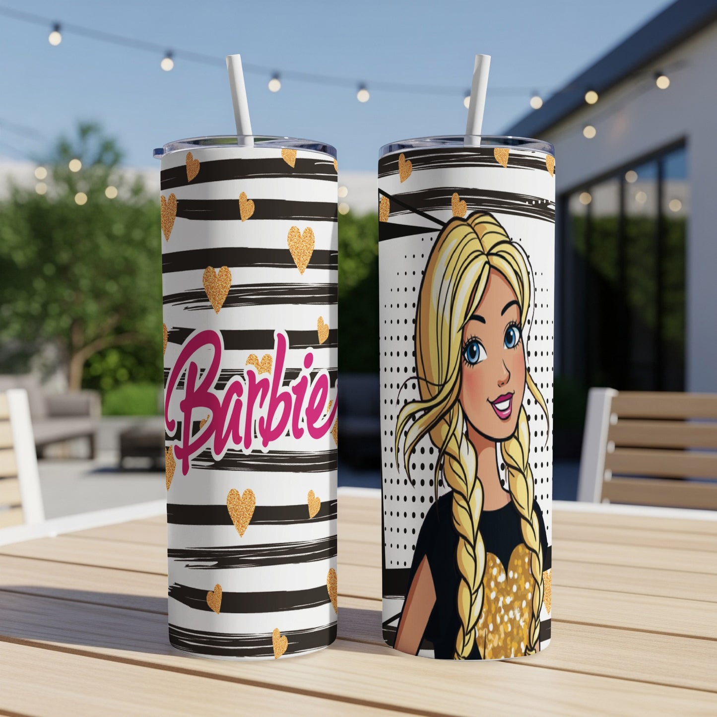 Barbie tumbler with blonde braids and gold hearts, white and black stripes.