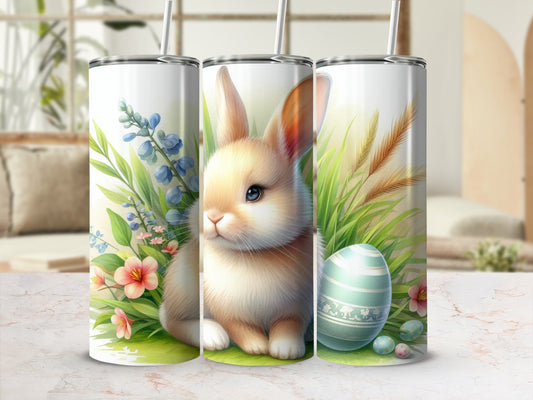 Easter bunny with decorated eggs and flowers on a skinny tumbler.