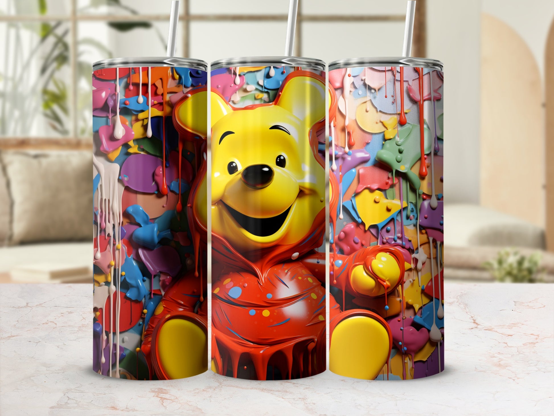 Colorful Winnie the Pooh Drip Art Tumbler Cup