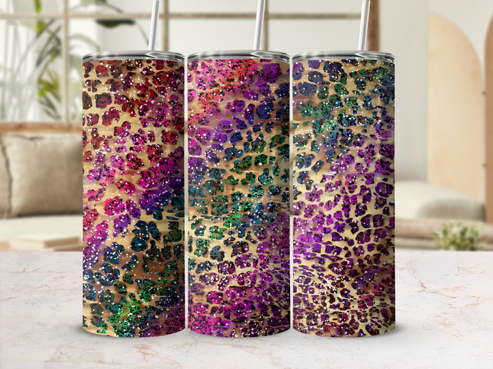Colorful Leopard Print Glitter Design Travel Cups