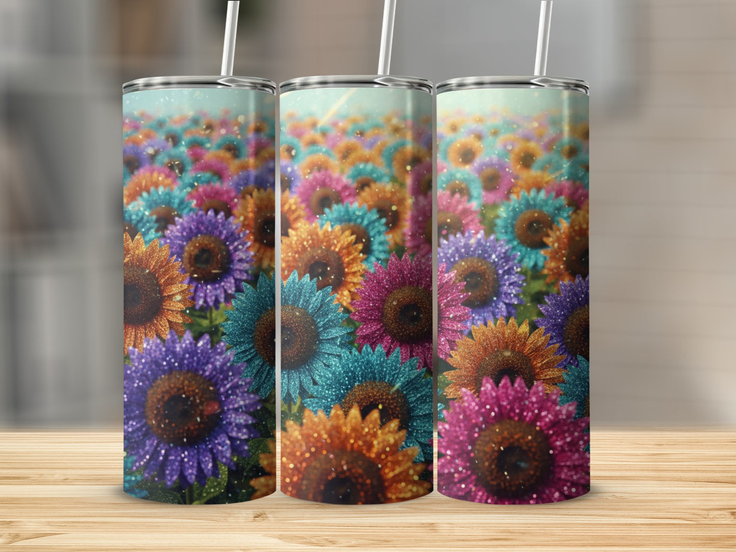 Sparkling Floral Glitter Tumblers Colorful Sunflower Design