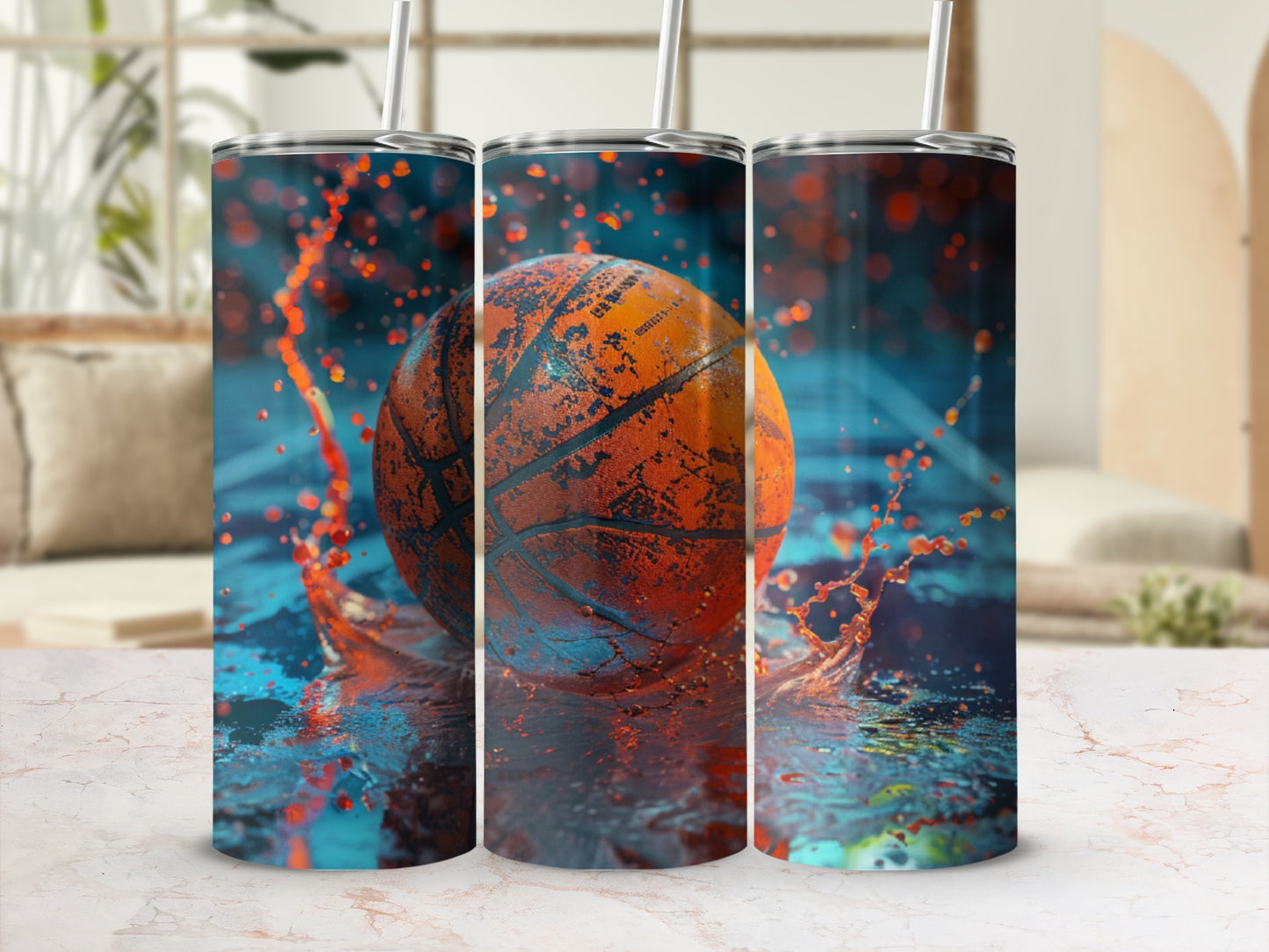 Basketball splashing into water with vibrant orange and blue hues.