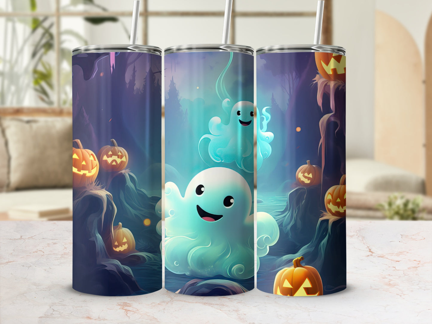 Three tumblers with a spooky Halloween scene featuring ghosts and pumpkins.