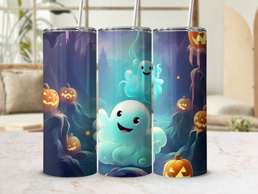 Three tumblers with a spooky Halloween scene featuring ghosts and pumpkins.