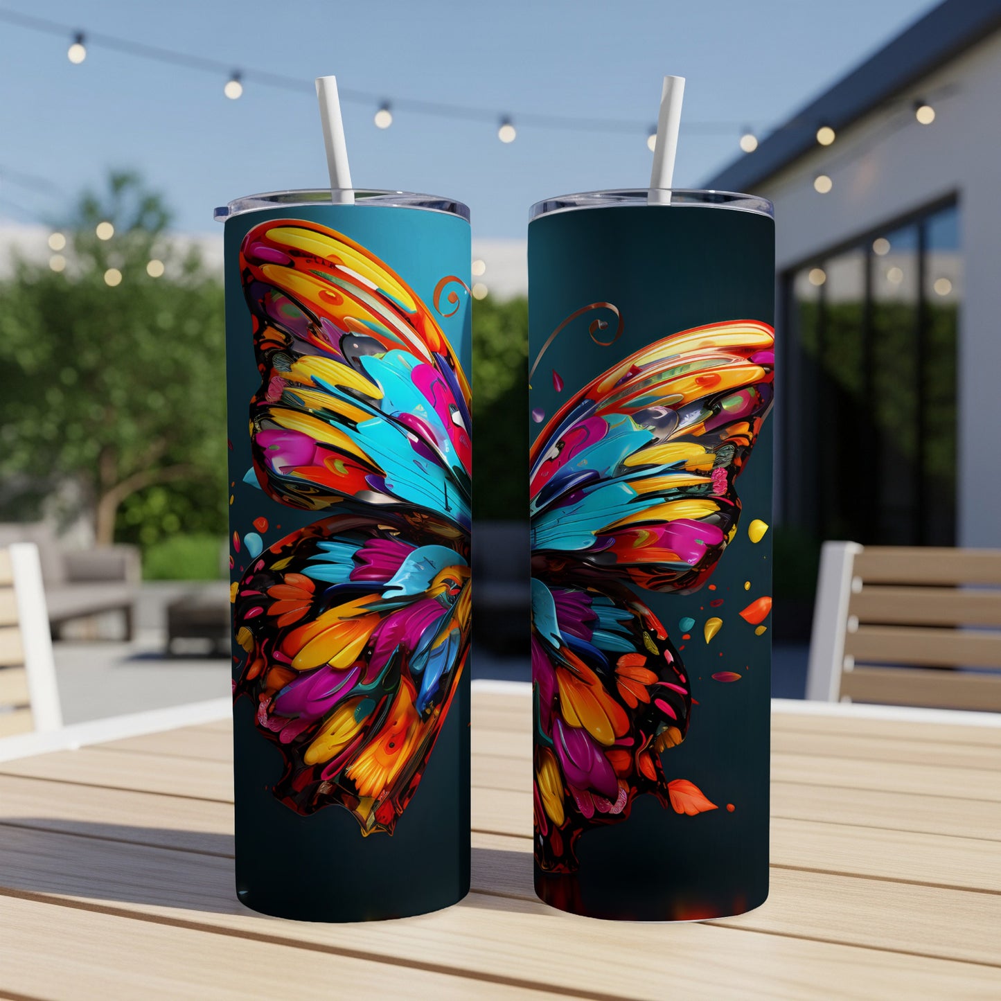 Two tumblers featuring a colorful abstract butterfly design.