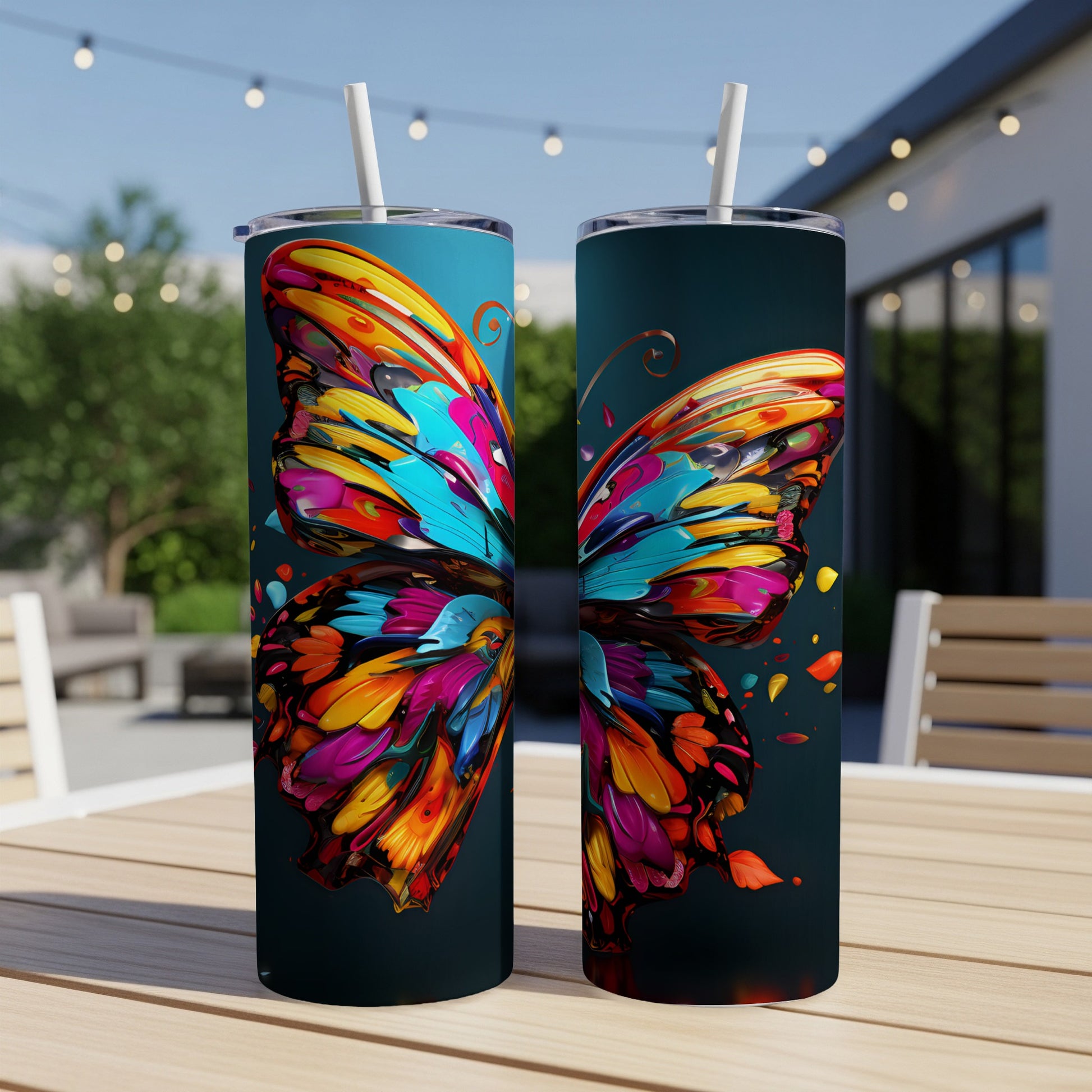 Two tumblers featuring a colorful abstract butterfly design.