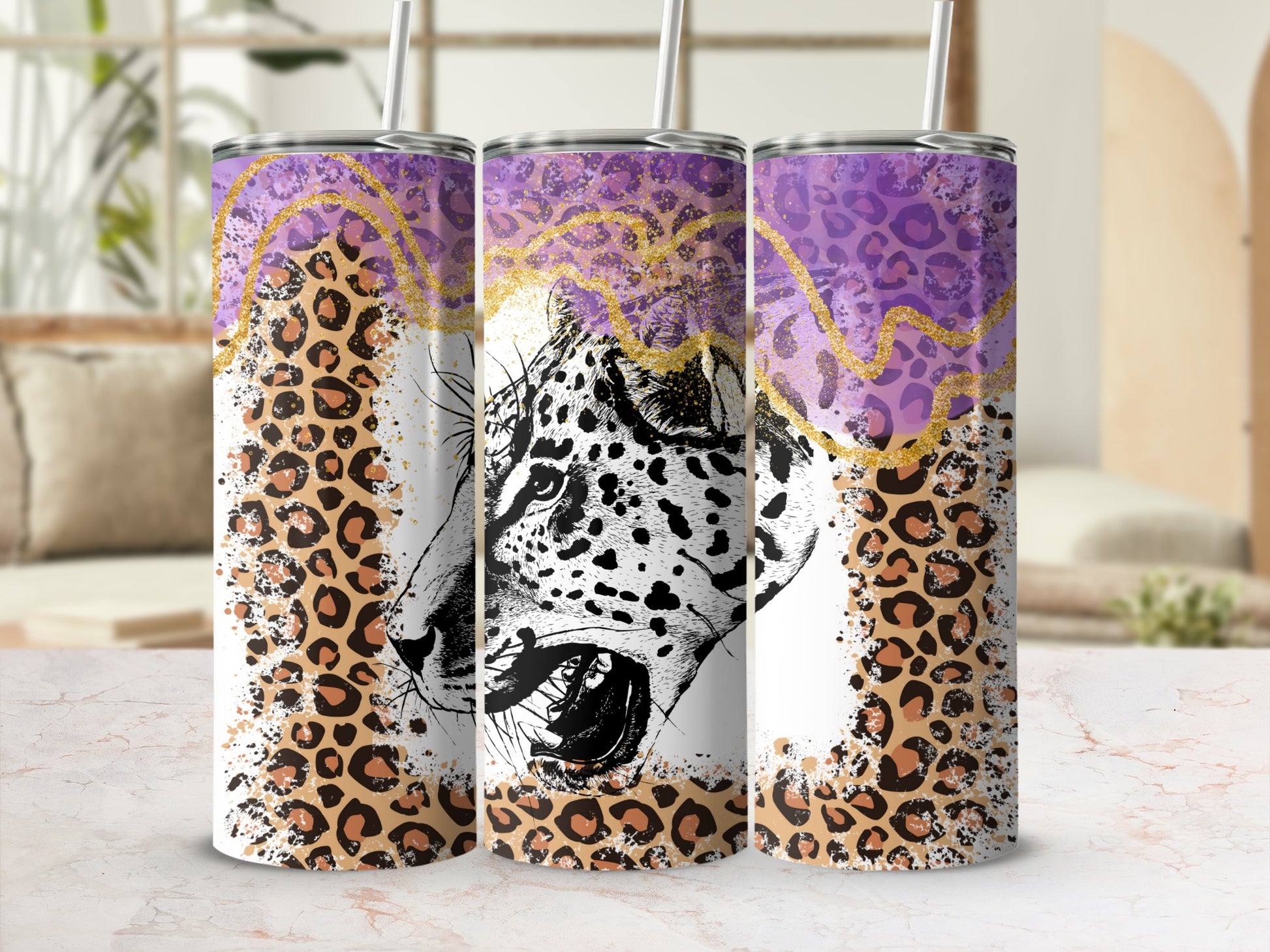 Leopard Art Purple and Gold Tumbler Cup 20 Oz