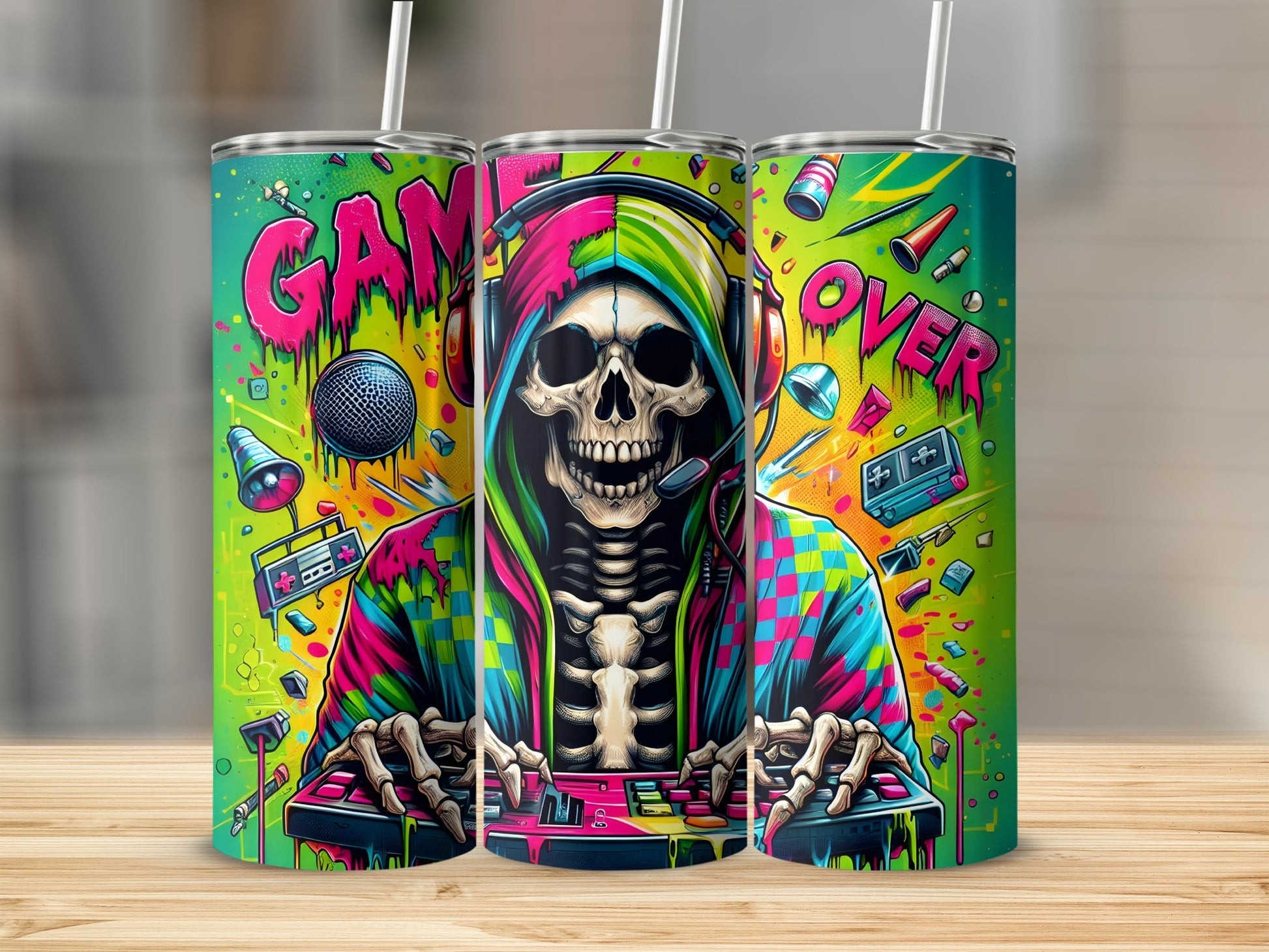 Game Over Neon Gamer Skeleton Tumbler Cup