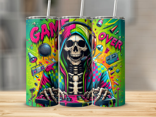 Game Over Neon Gamer Skeleton Tumbler Cup