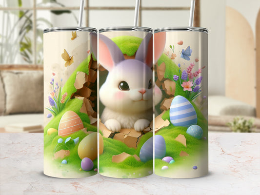 Easter bunny peeking from cracked eggshell with colorful eggs and butterflies.