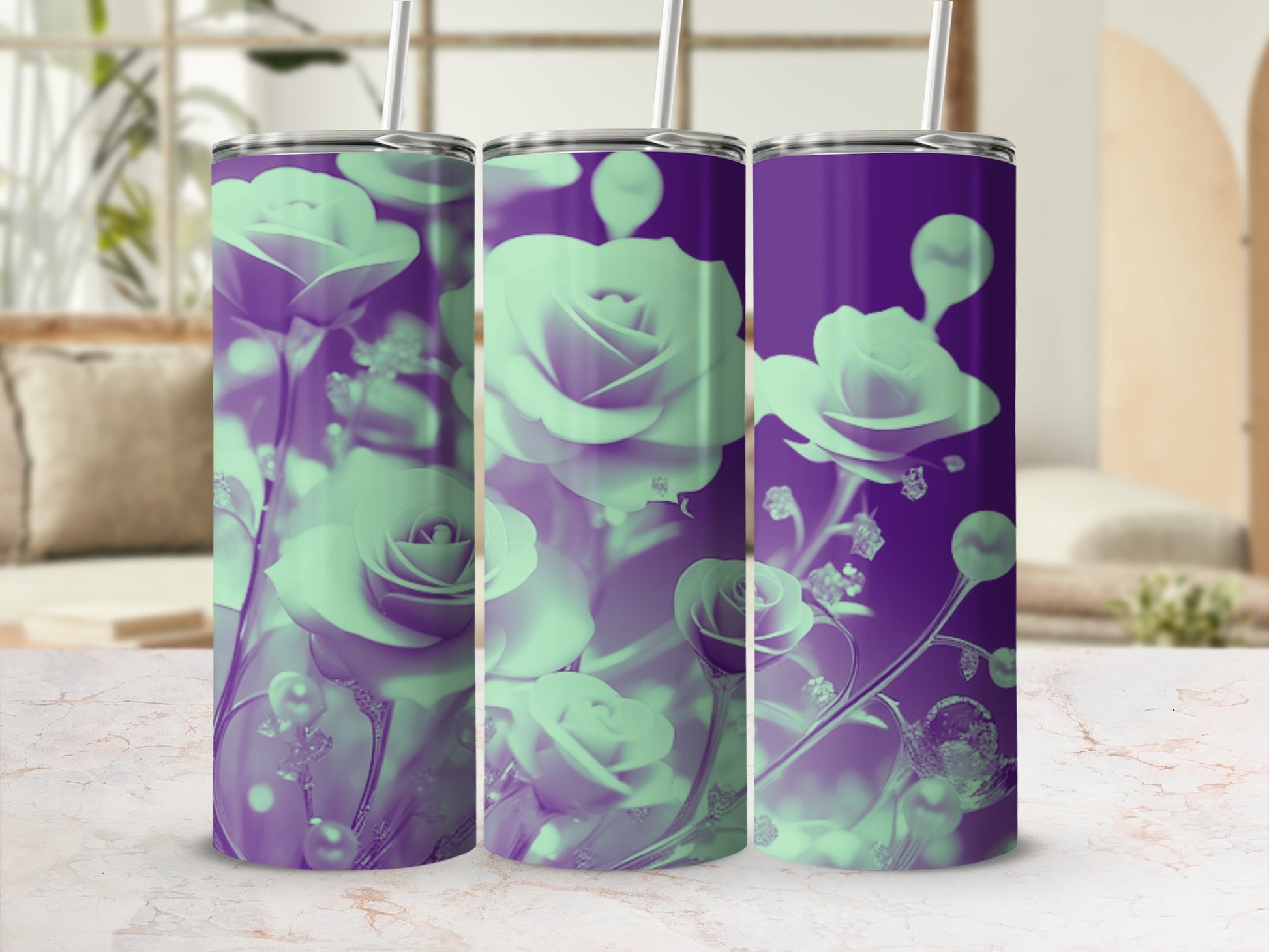Three tumblers with a floral rose pattern in purple and green hues.