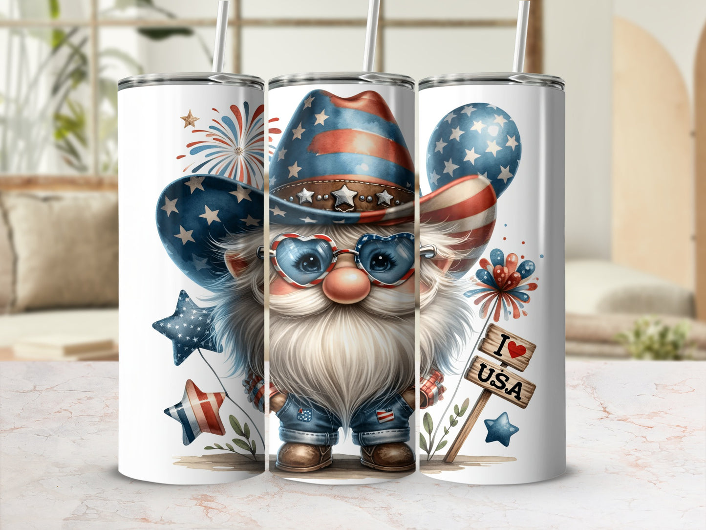Gnome wearing patriotic hat and heart-shaped sunglasses, holding USA sign.