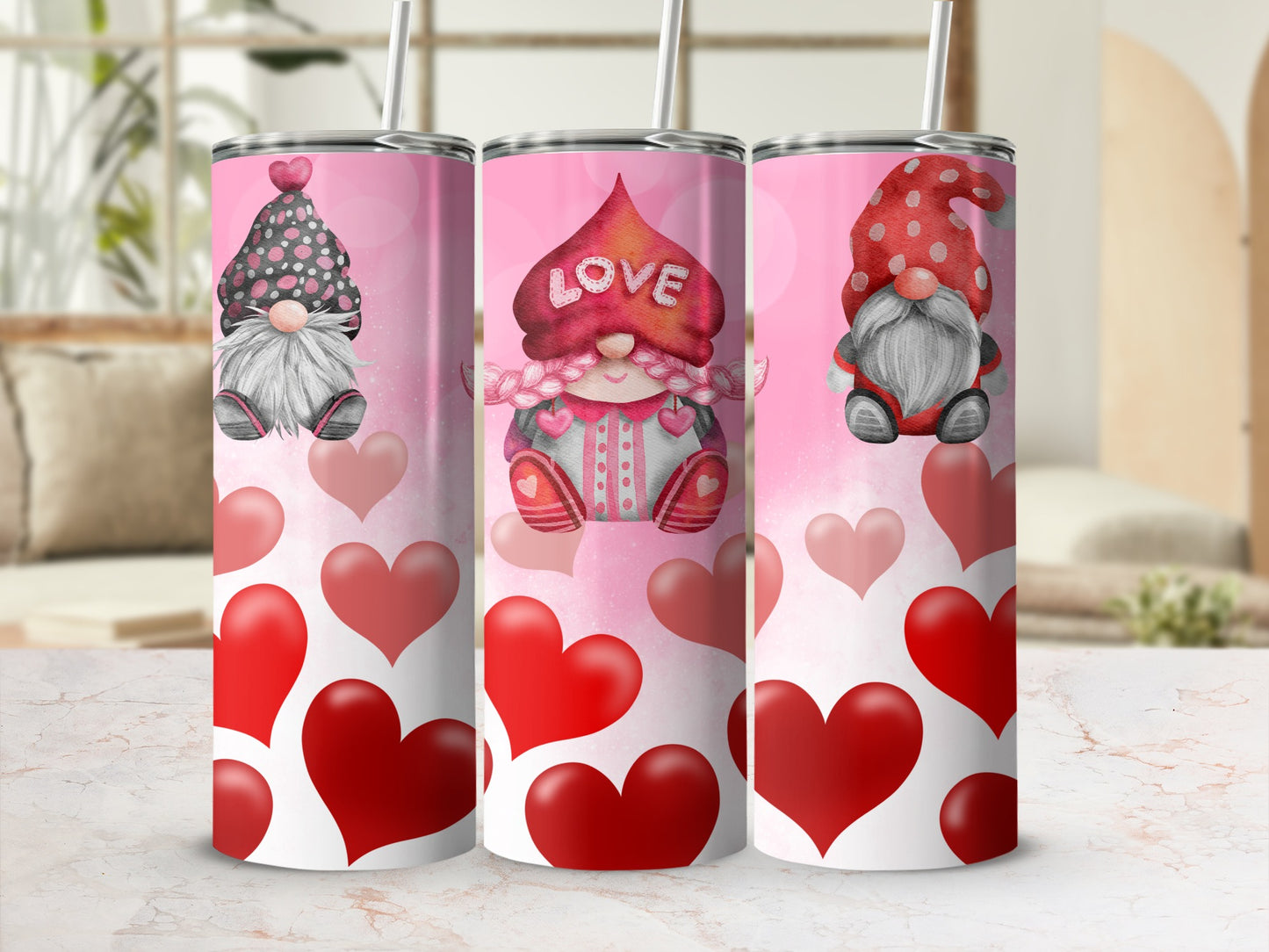 Valentine's Day Gnomes Hearts Themed Tumbler Cups
