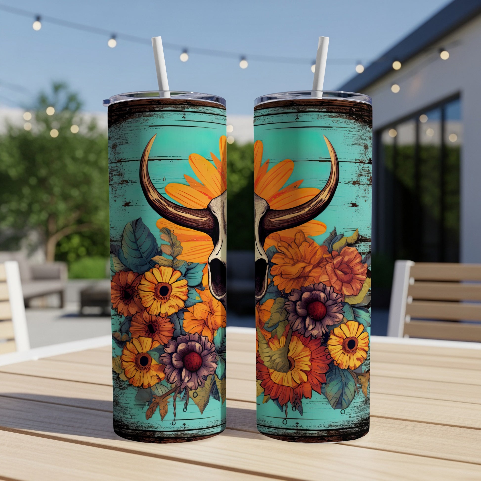 Two tumblers with a bull skull and floral design on a wooden table.