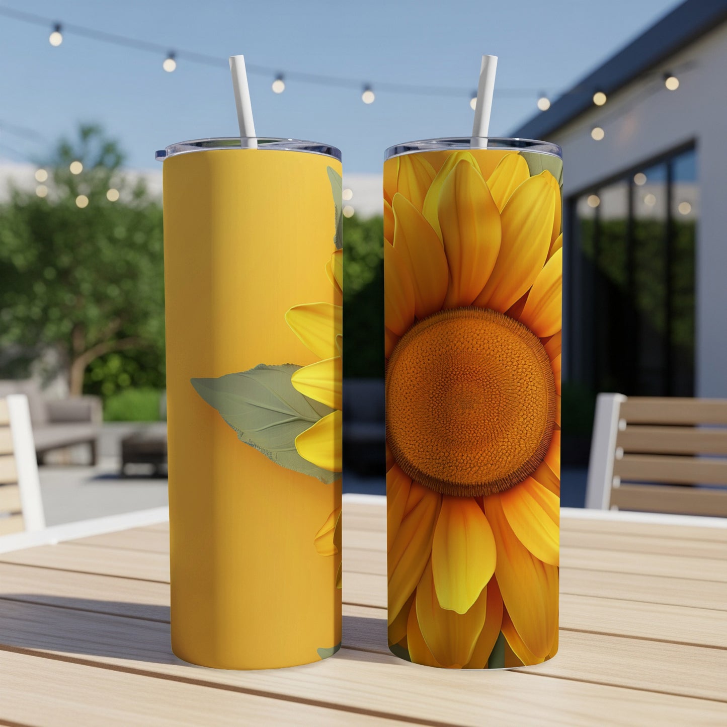 Two tumblers with a large sunflower design on a wooden table outdoors.