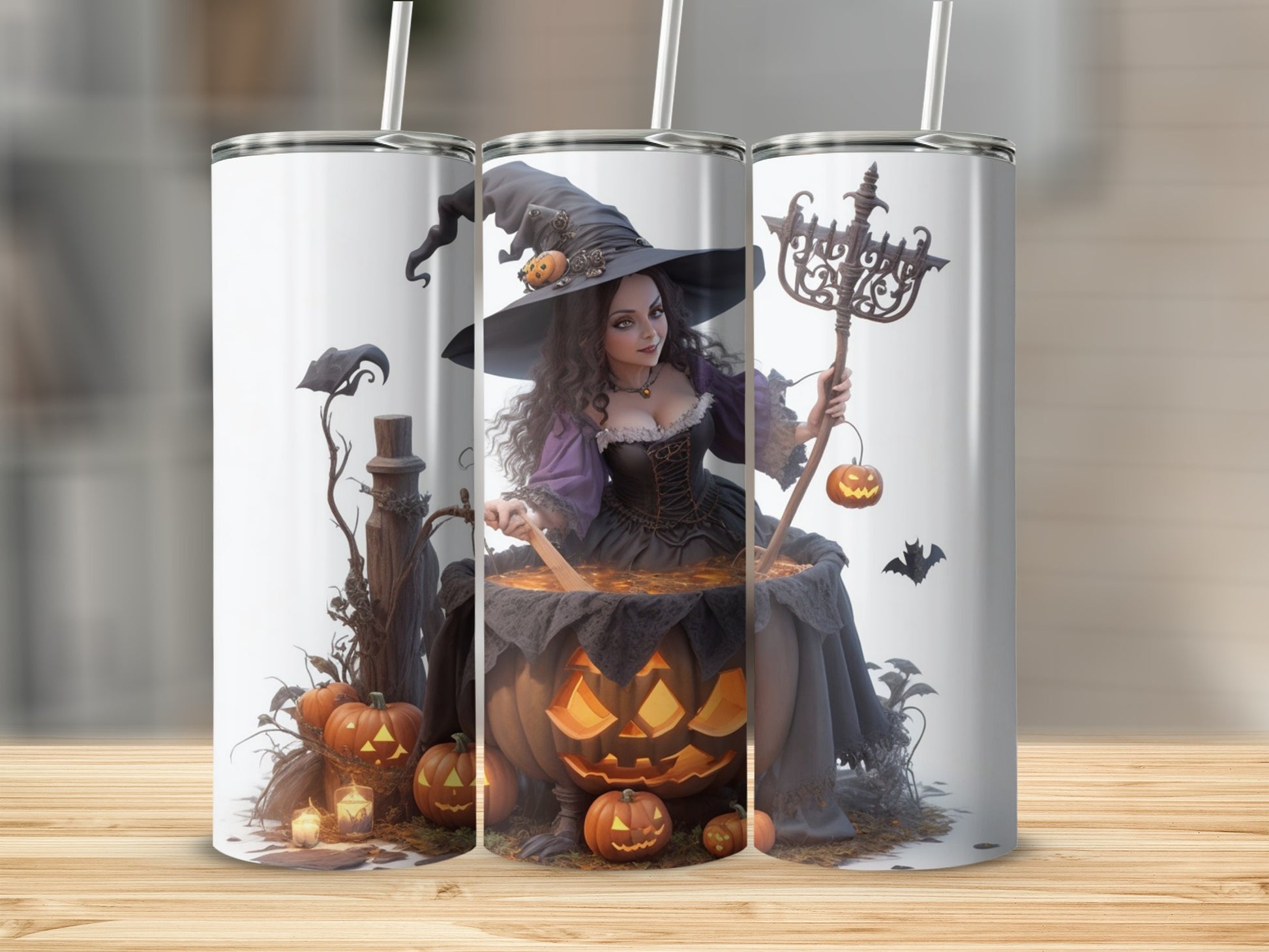 Witch stirring cauldron with pumpkins and bats on three tumblers.