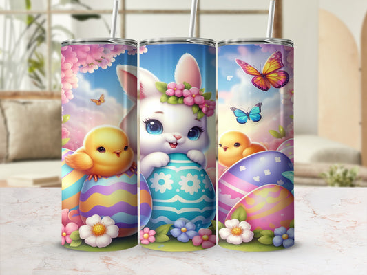 Easter bunny with chicks and painted eggs, surrounded by flowers and butterflies.