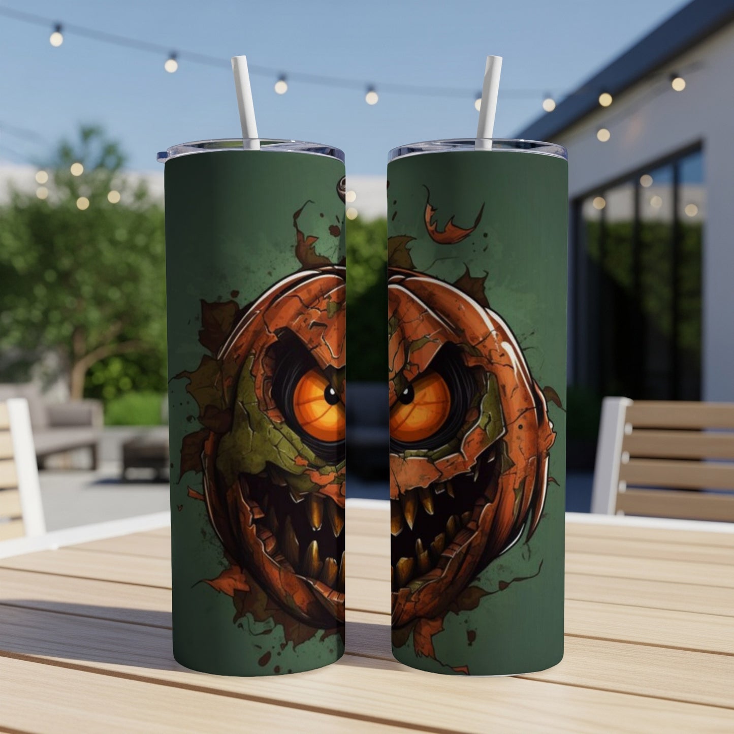 Two tumblers feature a spooky, cracked jack-o'-lantern design with sharp teeth and orange eyes.