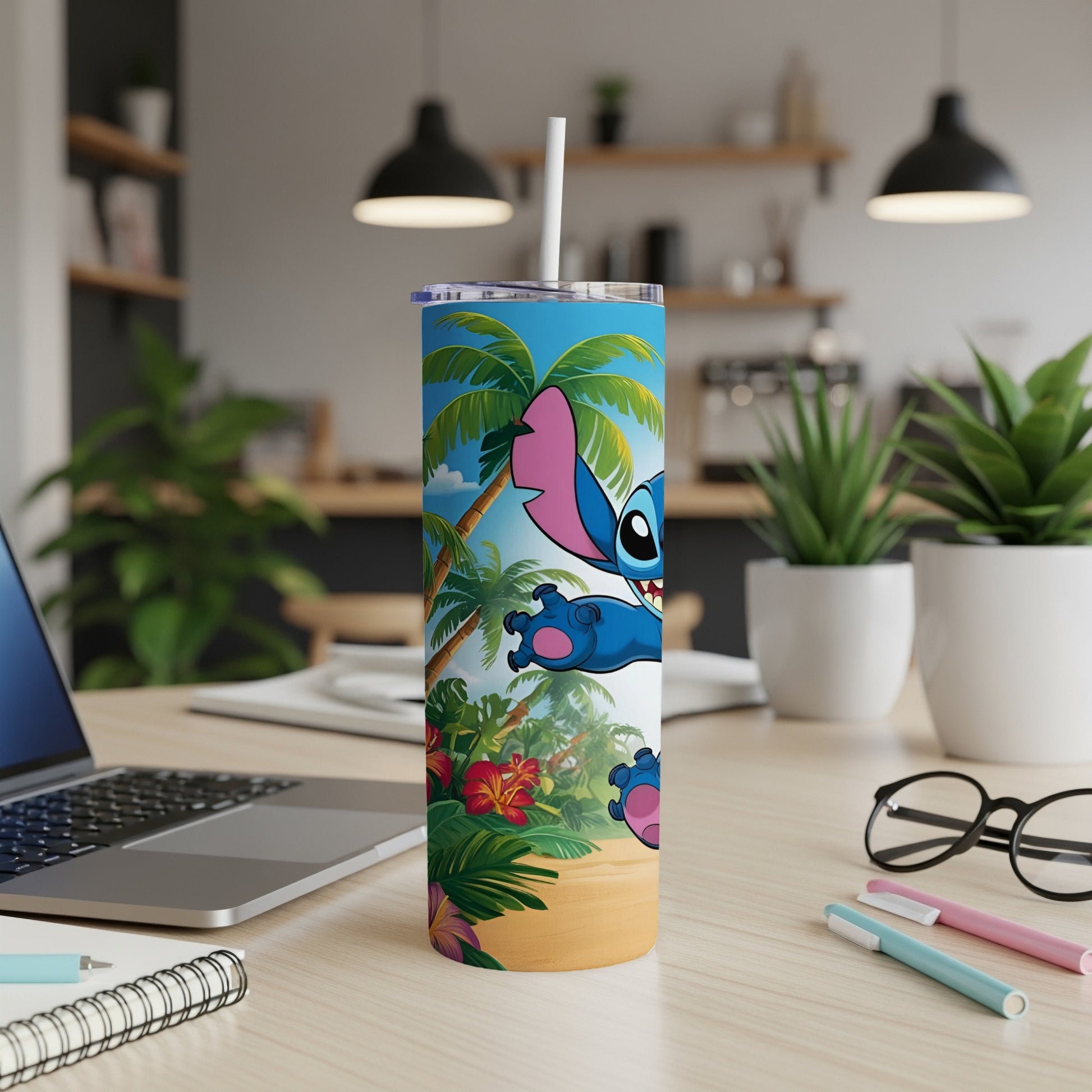 Cartoon Stitch character on a beach-themed tumbler with straw.