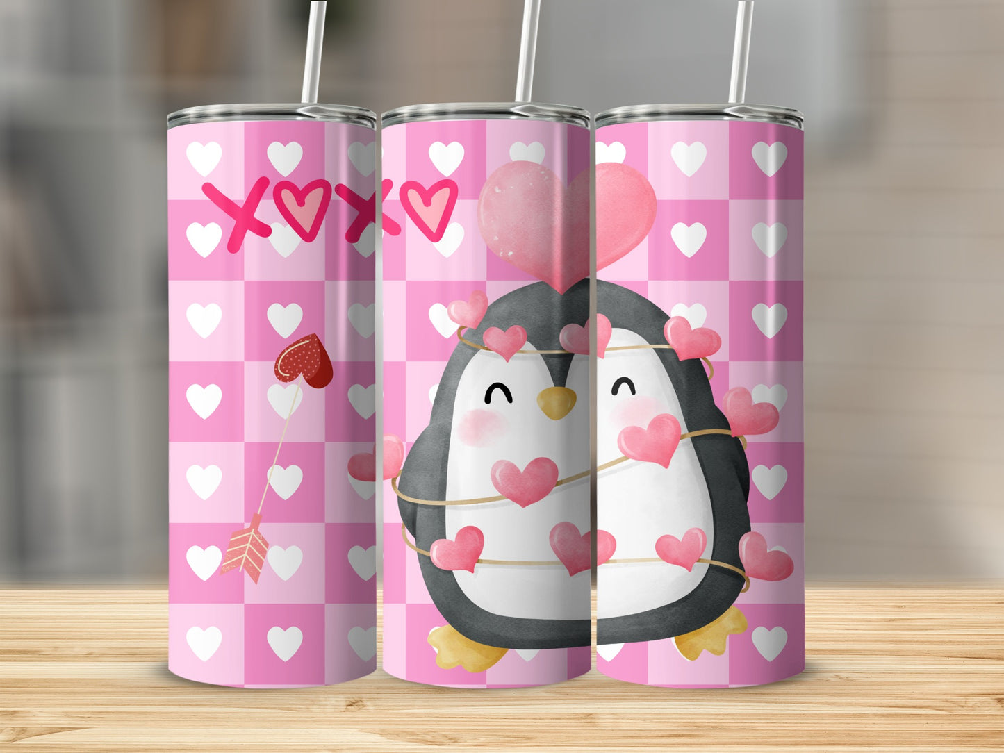 Cute Penguin with Hearts Design on Pink Grid Tumbler