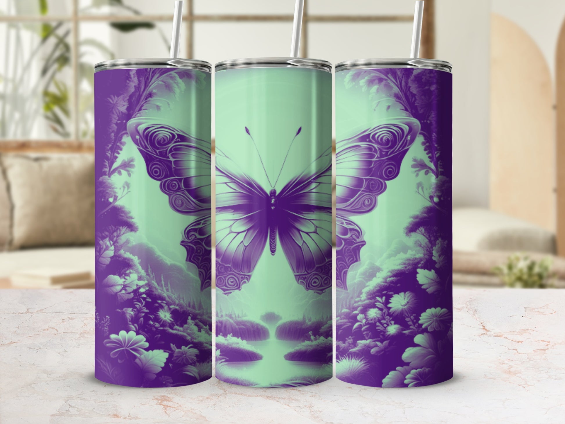 Purple butterfly with forest scene on a mint green tumbler.