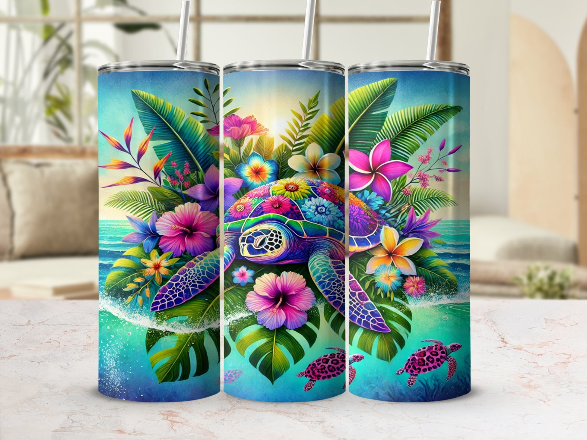 Colorful Tropical Turtle and Flowers Tumbler Product