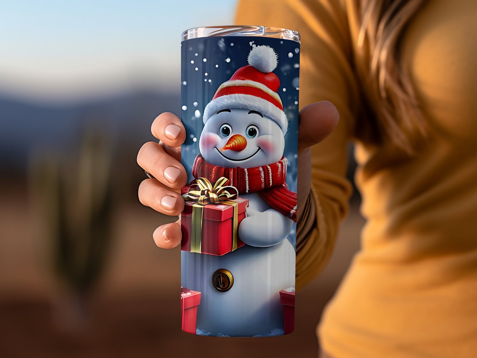 Festive Snowman Holding Gift Stainless Steel Tumbler