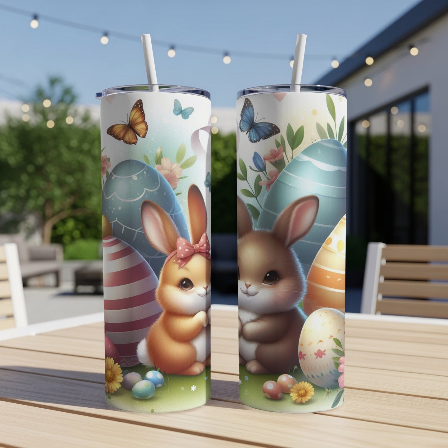 Two Easter bunny tumblers with eggs, butterflies, and flowers on a table.