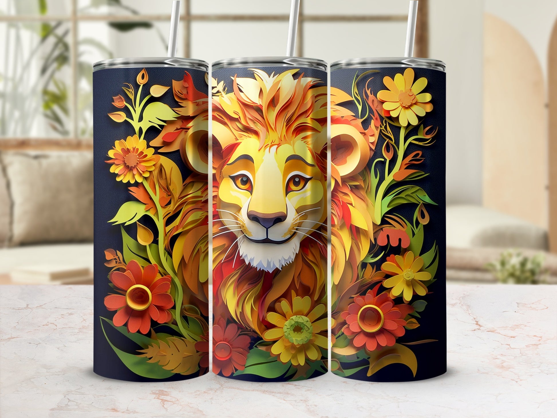 Vibrant Lion and Floral Art Tumbler with Straw