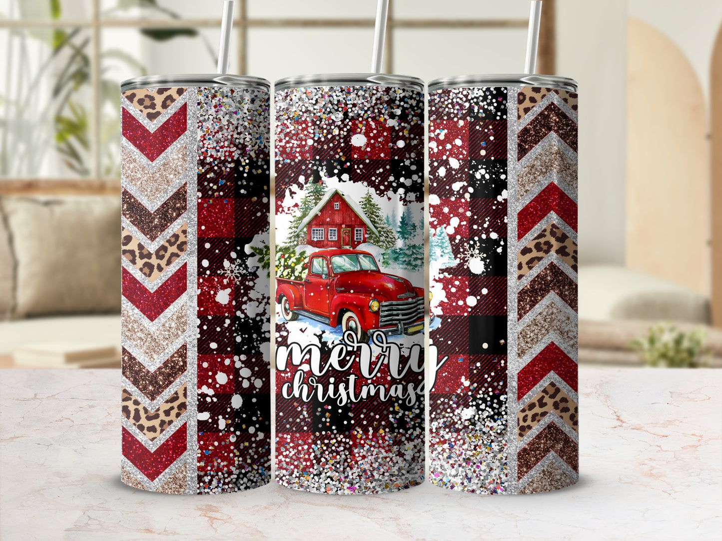 Red truck with "Merry Christmas" text, buffalo plaid, leopard print, and glitter design.