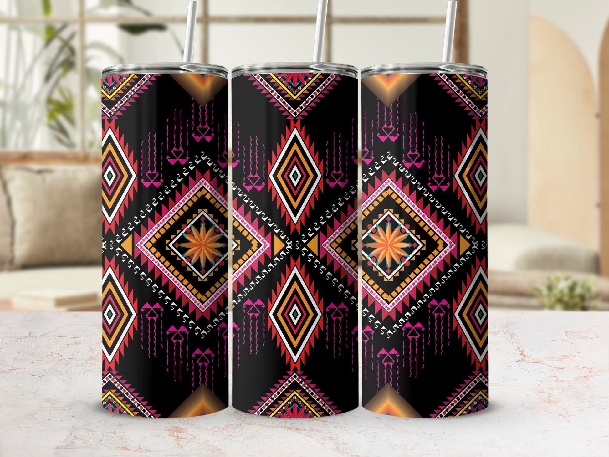 Vibrant Geometric Pattern Tumbler with Straw Drinkware