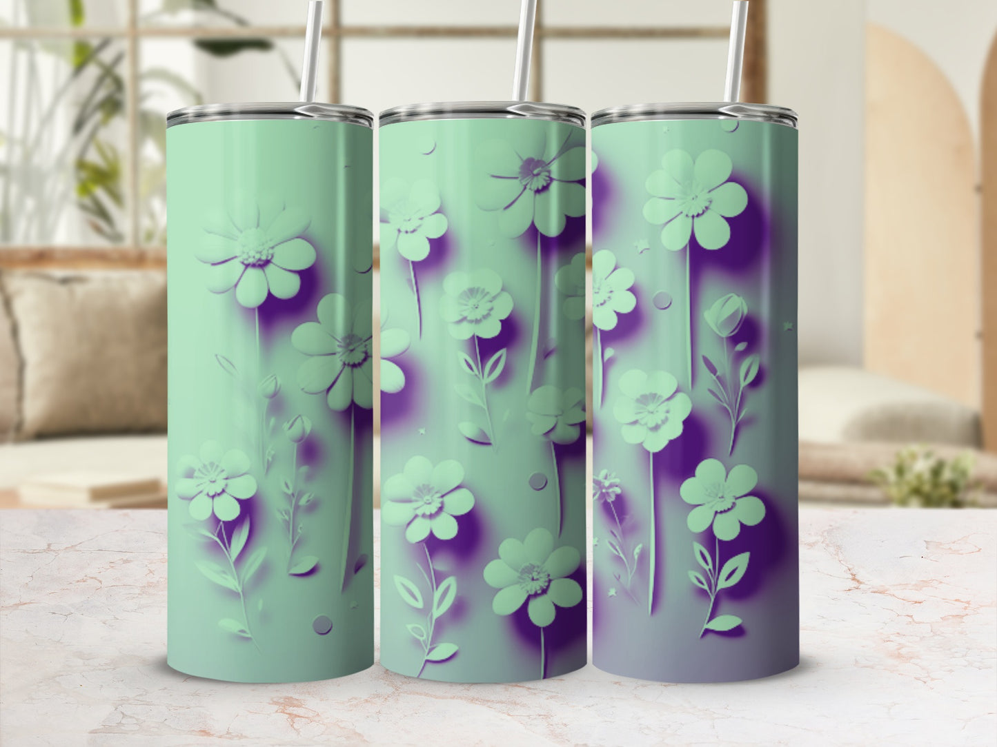 Mint green tumbler with embossed purple floral pattern.