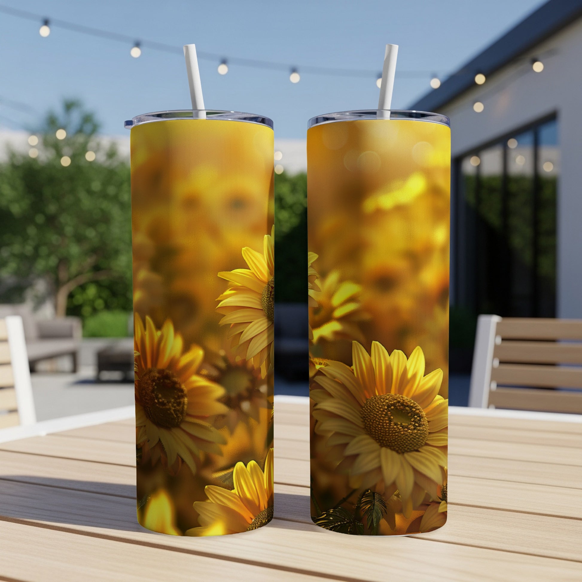 Two tall tumblers with a sunflower design sit on a wooden table outdoors.