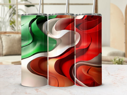 Three tumblers with abstract green, white, and red swirling designs.
