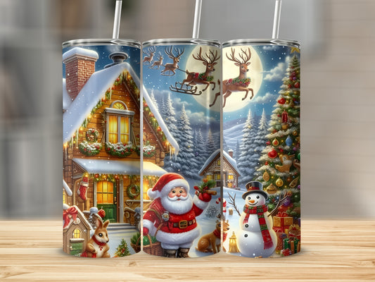 Festive Christmas Scene with Santa and Snowman Tumbler