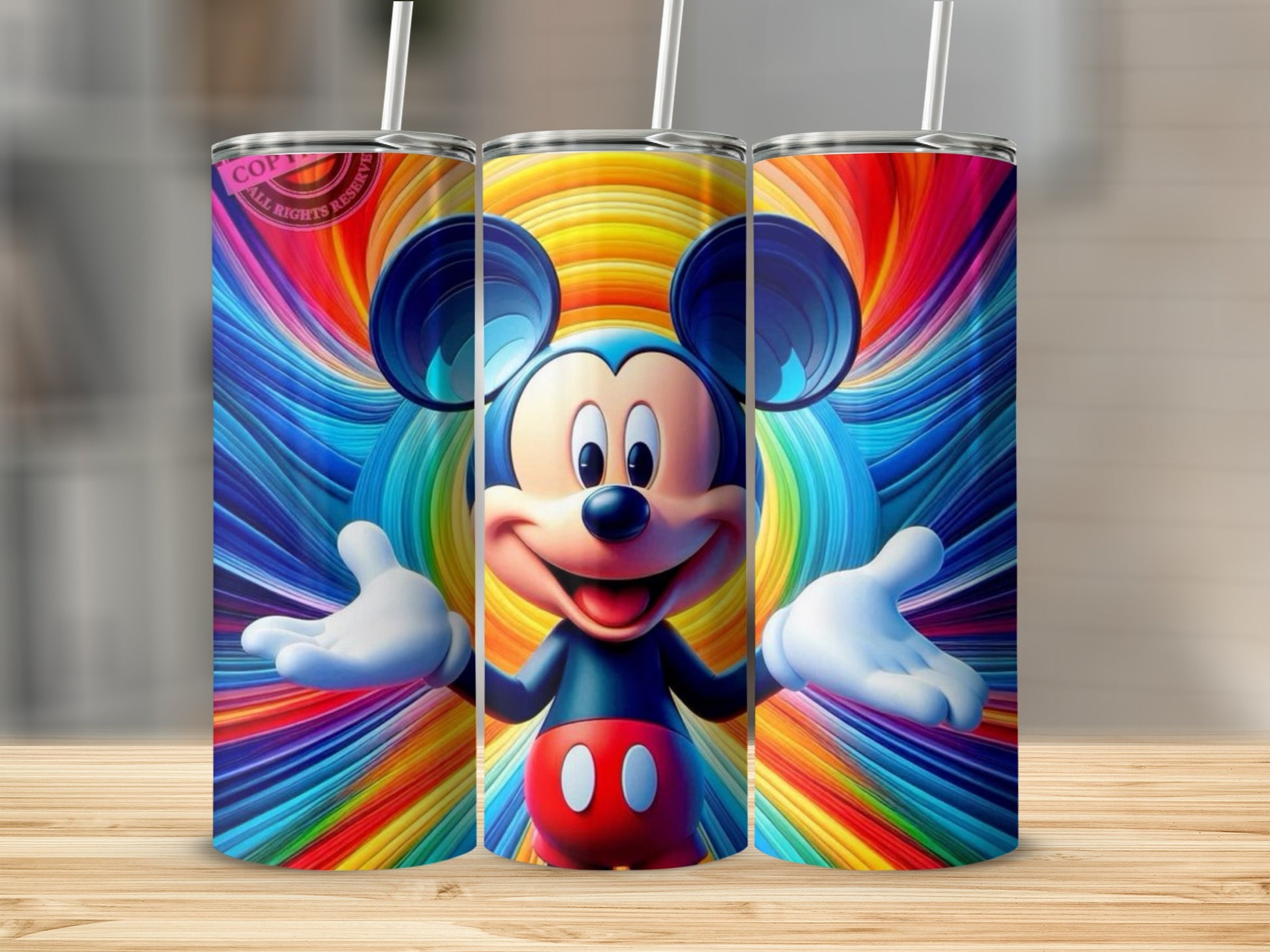 Colorful Mickey Mouse Tumbler with Rainbow Swirls Design