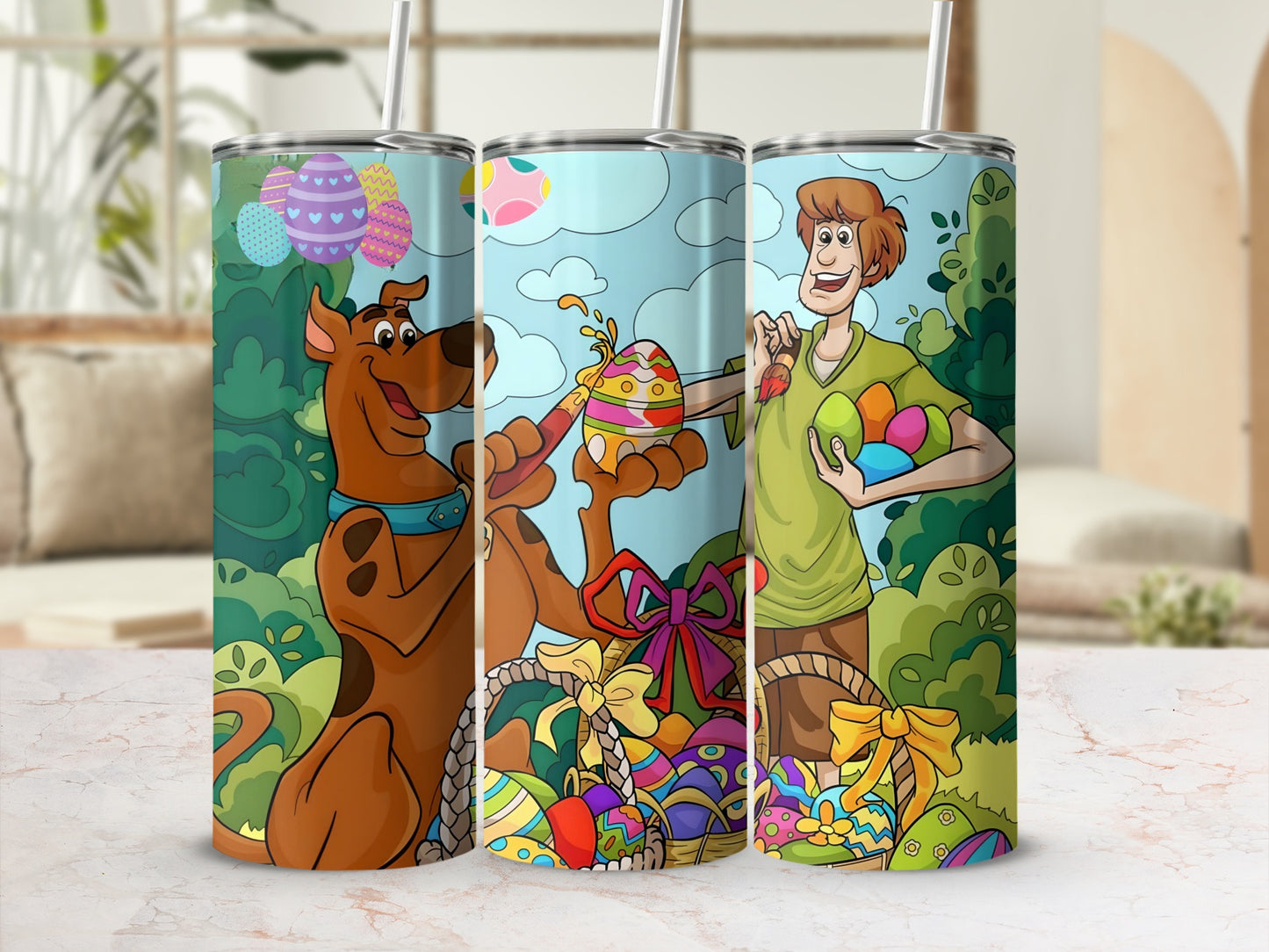 Scooby-Doo and Shaggy with Easter eggs and baskets, colorful cartoon illustration.